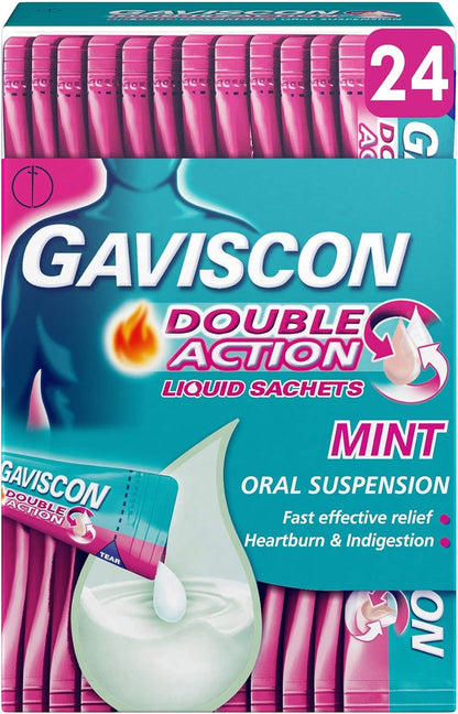 Box of Gaviscon 10ml sachets for quick acid reflux relief.