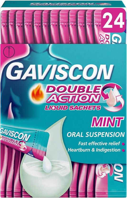 Box of Gaviscon 10ml sachets for quick acid reflux relief.