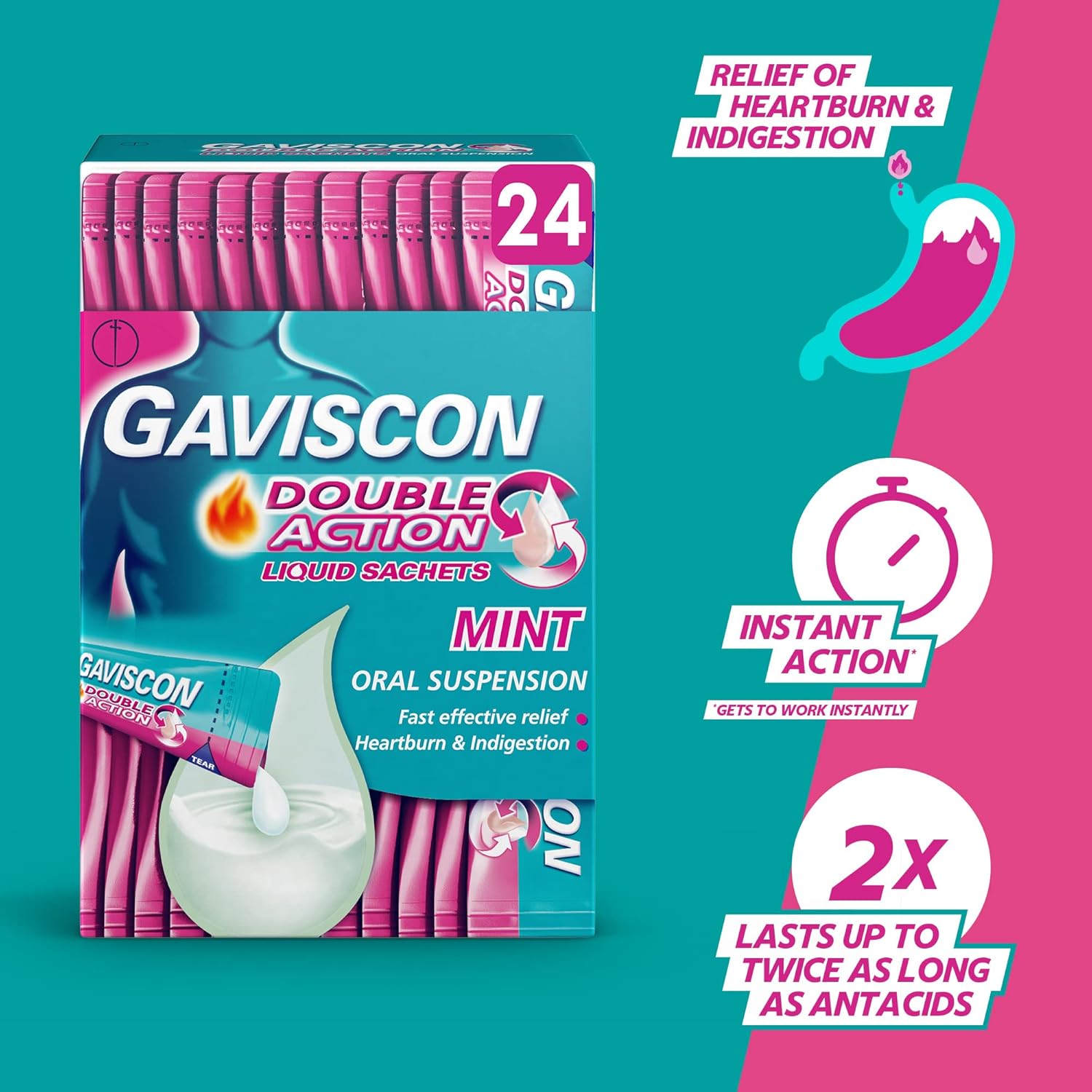 Gaviscon sachets providing effective relief from heartburn and indigestion.