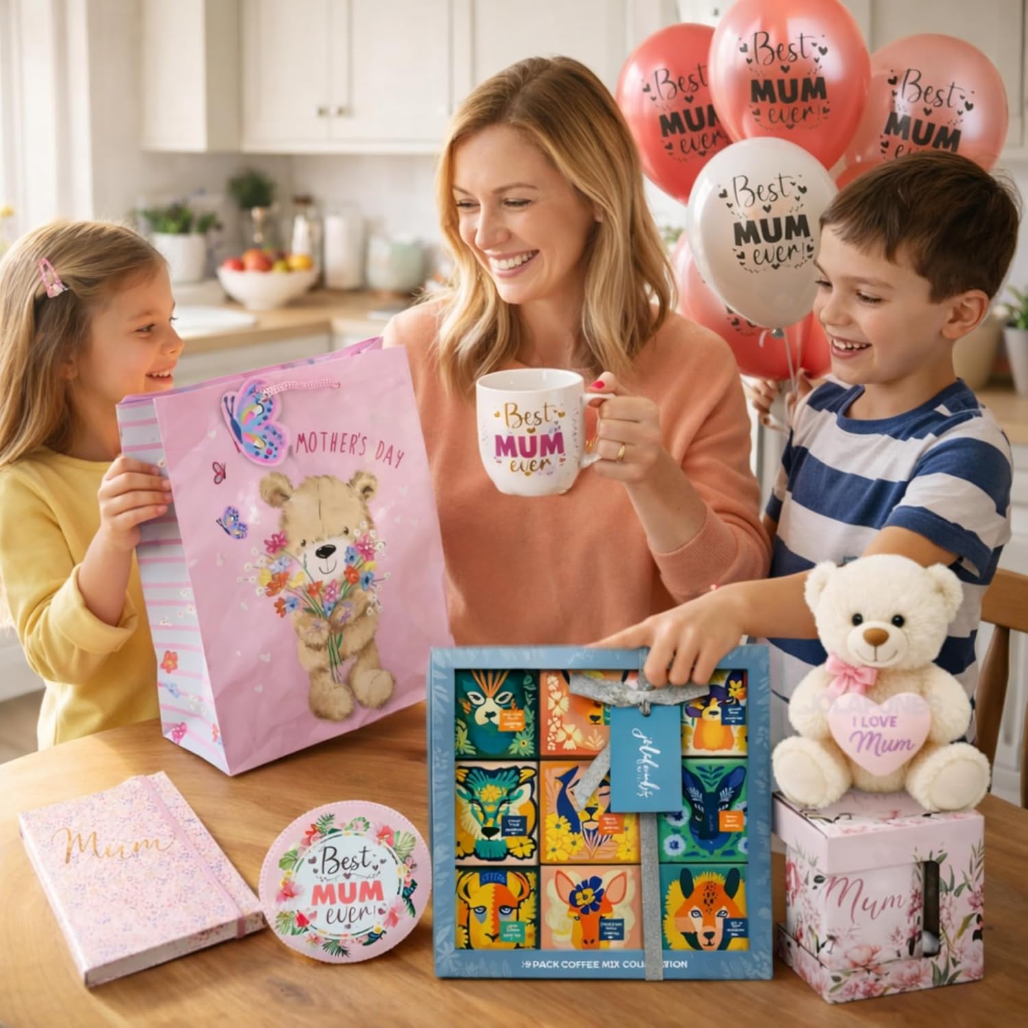 Floral mug and decorative balloons for a special touch