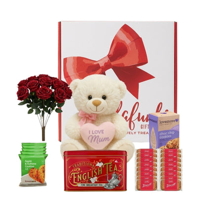 Luxury gift hamper for Mum with Teddy Bear, chocolates, cookies, and tea