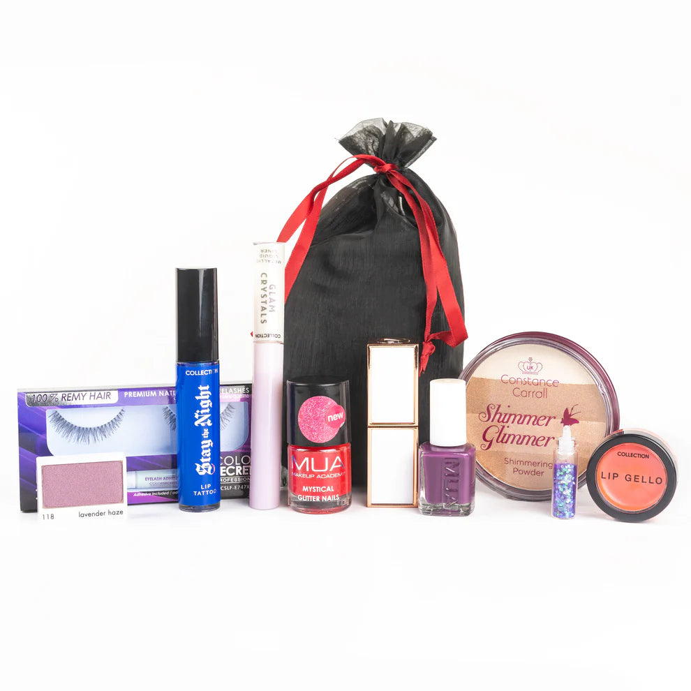 Glamza 10pc Lucky Dip Beauty Bag with lip, eye, face, and nail products