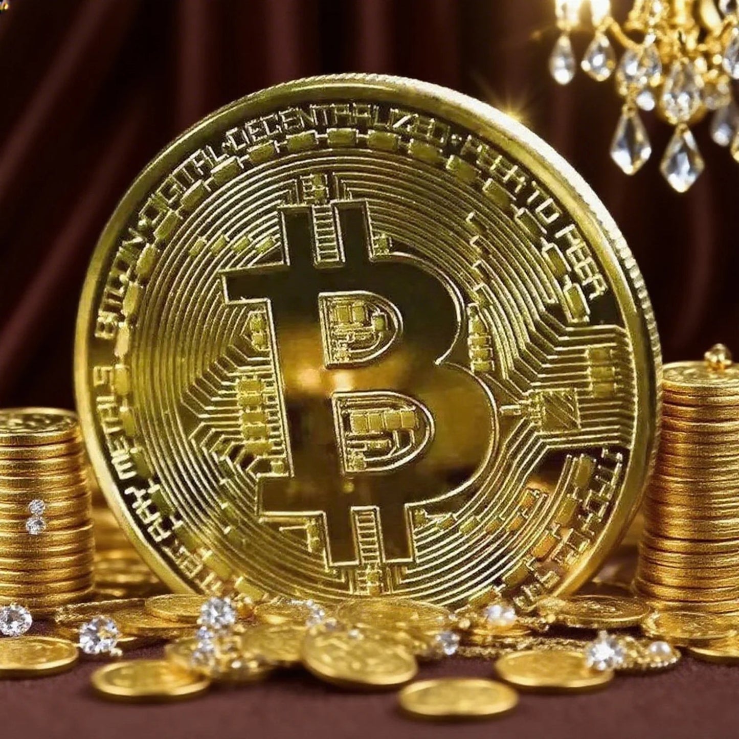 Gold plated Bitcoin collectible coin measuring approximately 40mm