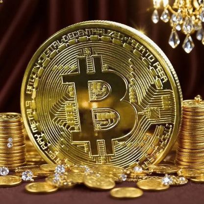 Gold plated Bitcoin collectible coin measuring approximately 40mm