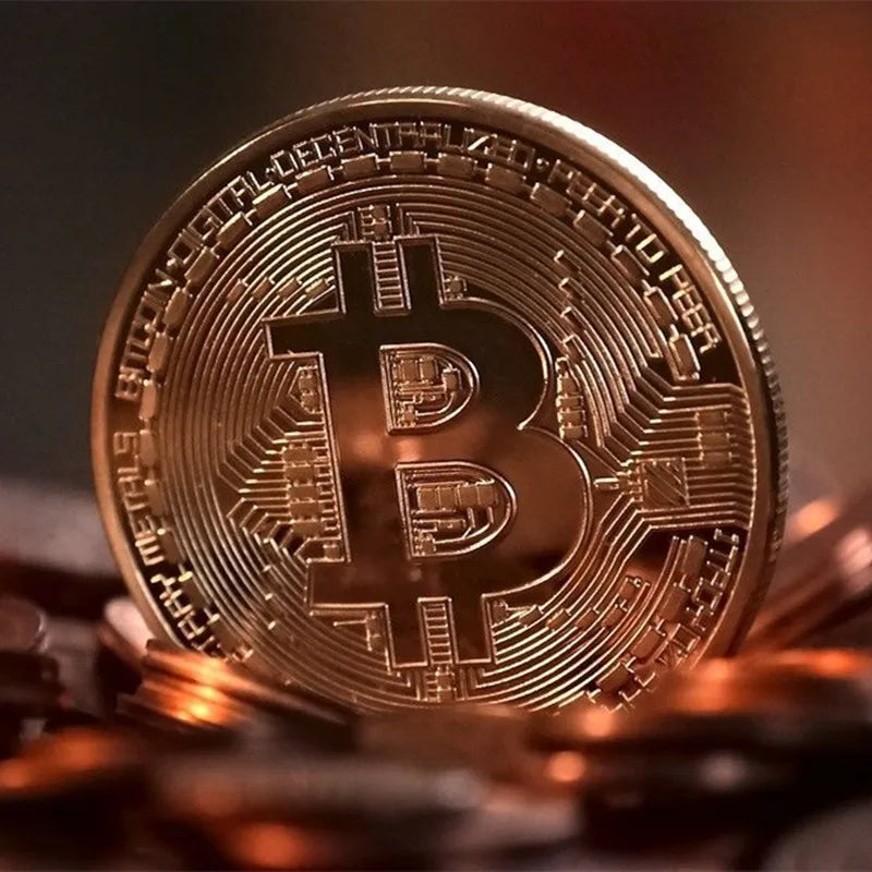 Gold plated Bitcoin collectible coin with antique-inspired design