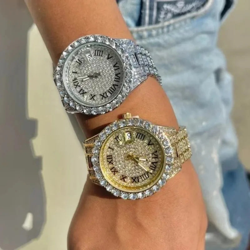 Gold rhinestone watch with alloy bracelet for women