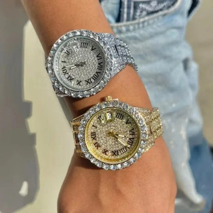 Gold rhinestone watch with alloy bracelet for women