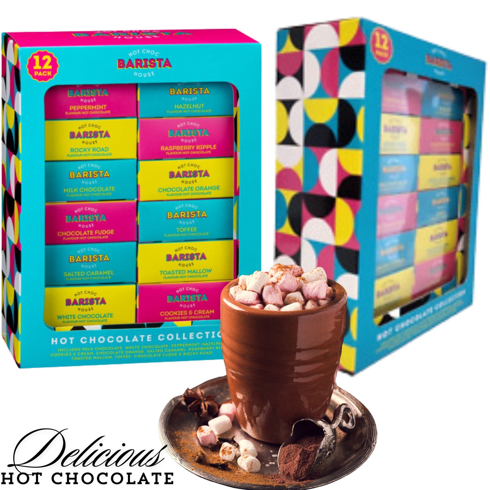 Twelve-pack hot chocolate selection ideal for cosy winter drinks
