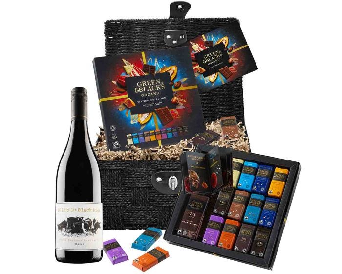 Organic chocolate selection paired with red wine gift set