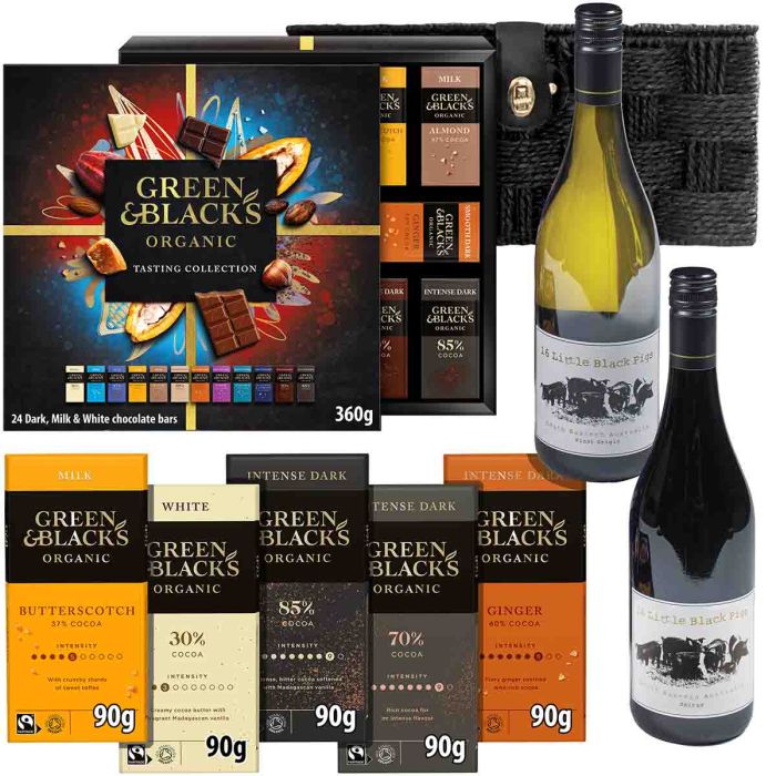 Green & Black’s chocolate and wine hamper with organic bars