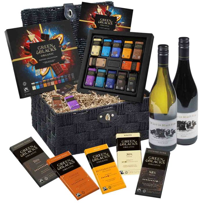 Luxury gift basket with chocolate selection and wine bottles