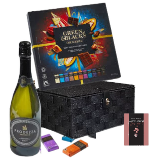 Green and blacks organic chocolate paired with sparkling Prosecco