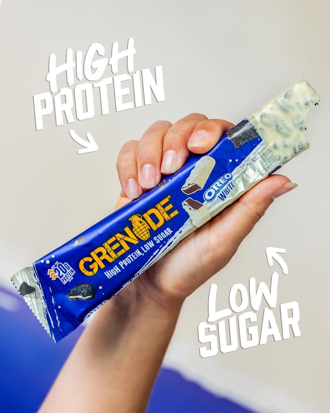 Inside view of Grenade OREO White Protein Bar showing layers