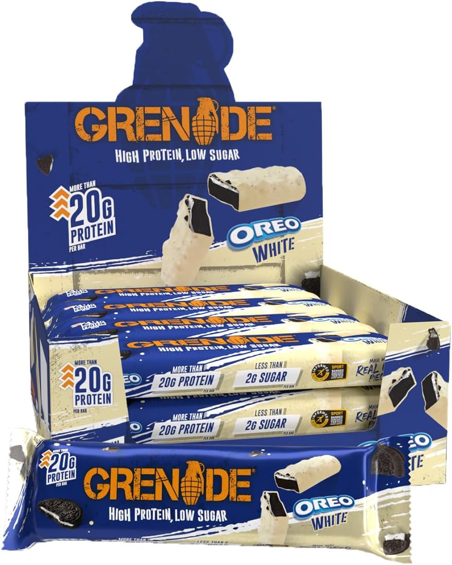Stacked Grenade OREO White Protein Bars with creamy filling