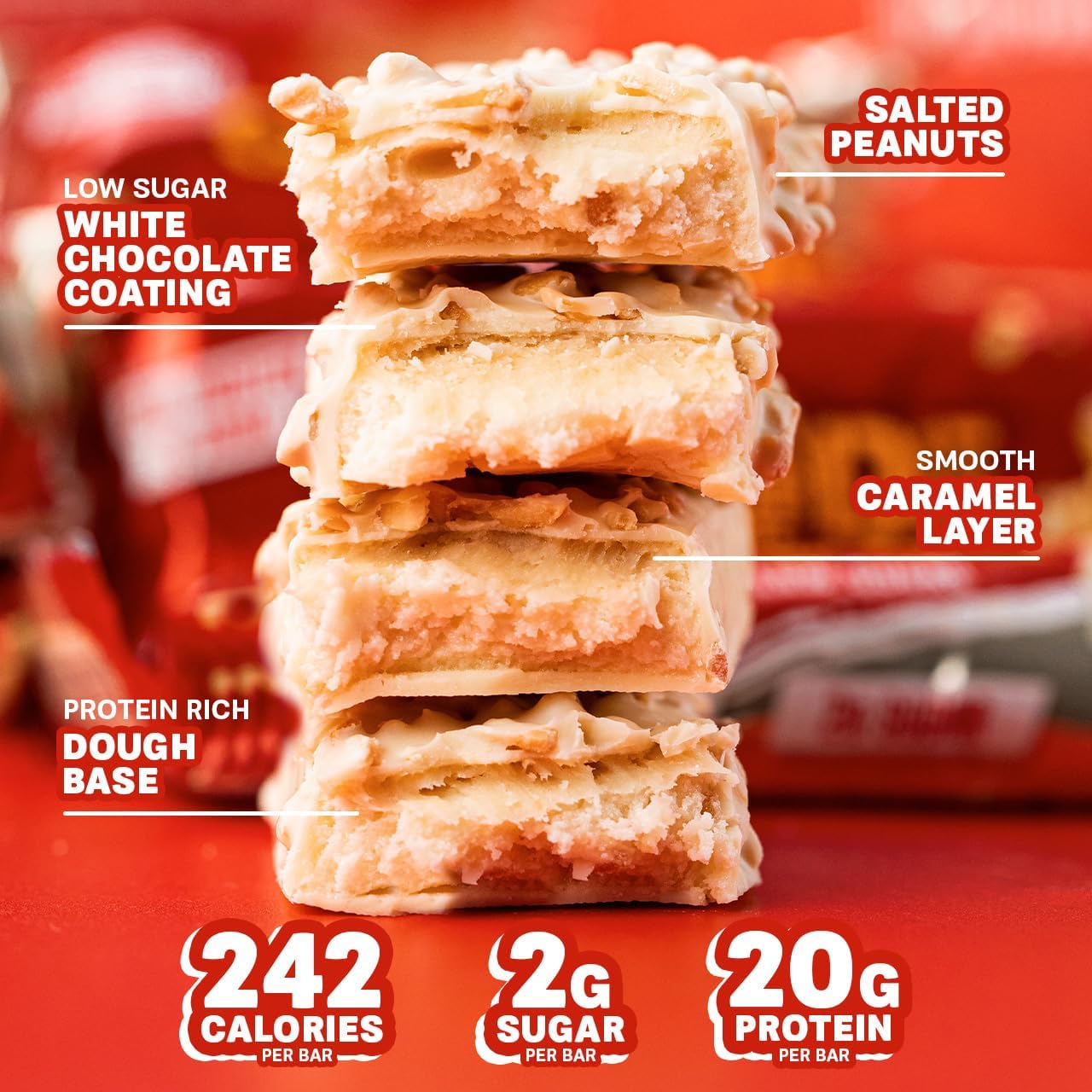 Grenade White Chocolate Salted Peanut Protein Bar packaging showing high protein and low sugar details.