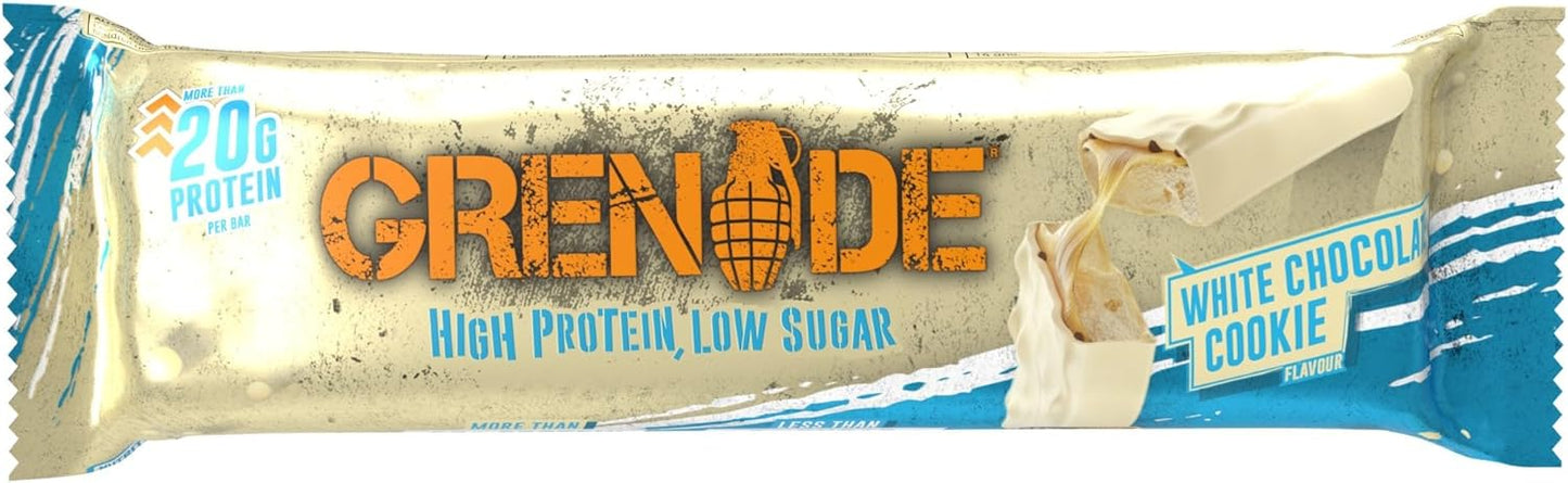 Open Grenade White Chocolate Cookie Protein Bar, highlighting the white chocolate and cookie crunch inside.