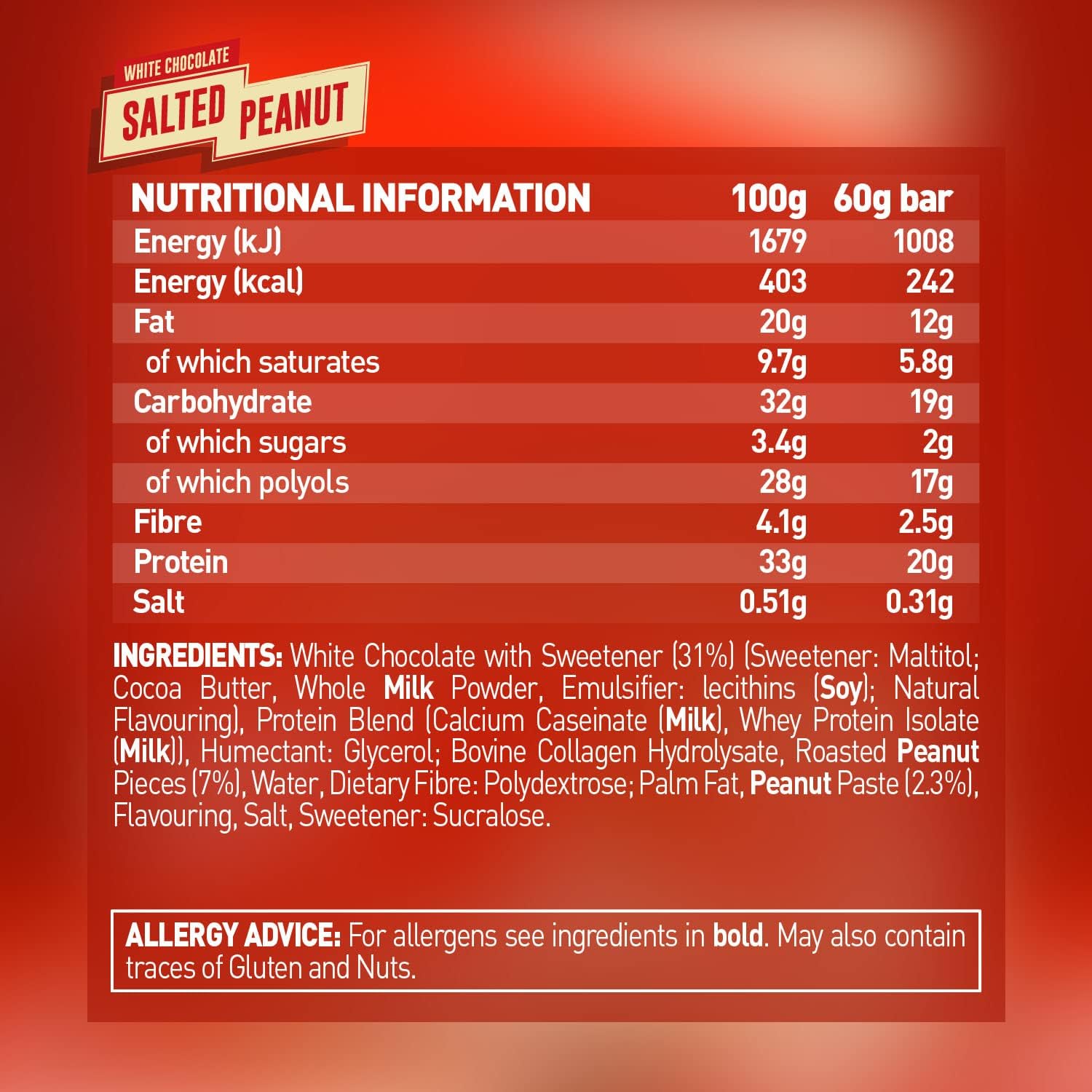 Grenade White Chocolate Salted Peanut Protein Bar placed on a table, showcasing the texture and ingredients.