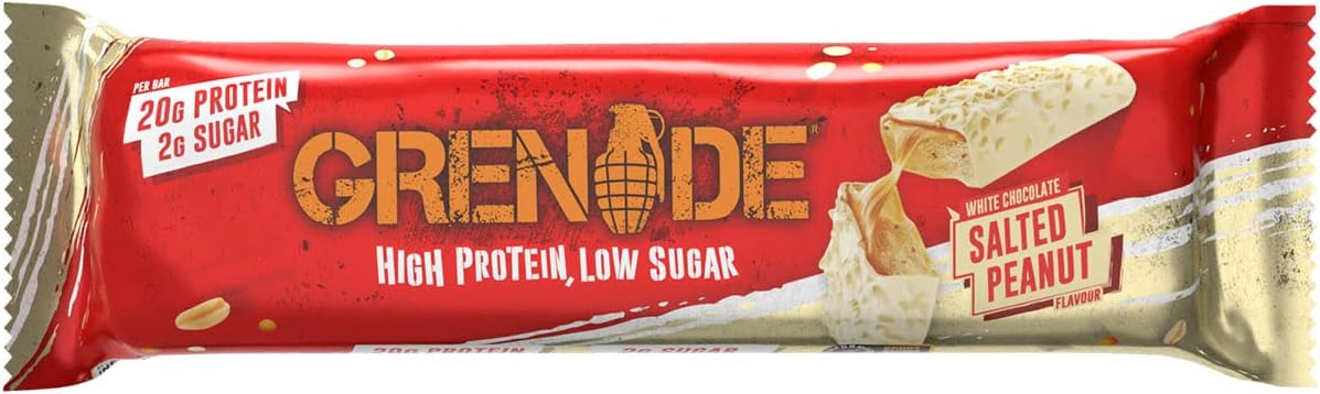 Grenade White Chocolate Salted Peanut Protein Bar front view with white chocolate and peanuts.
