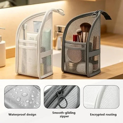 Grey mesh cosmetic organiser for bathroom and luggage storage
