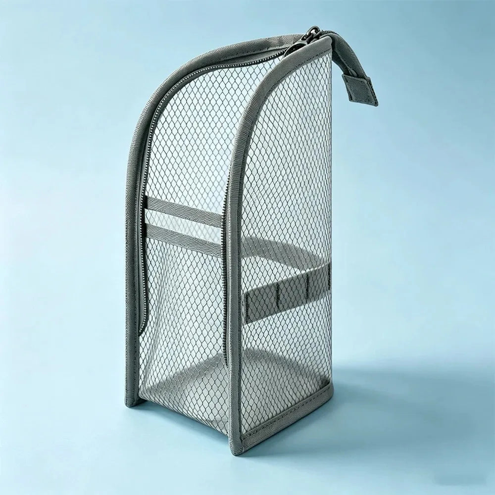 Grey and white mesh toiletry organisers for travel storage