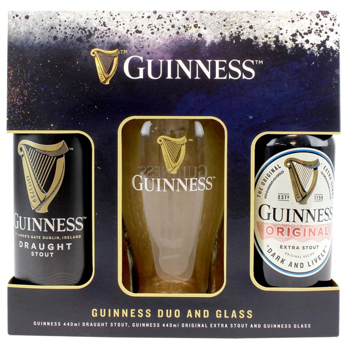 Irish stout gift set featuring Guinness pint glass and two cans