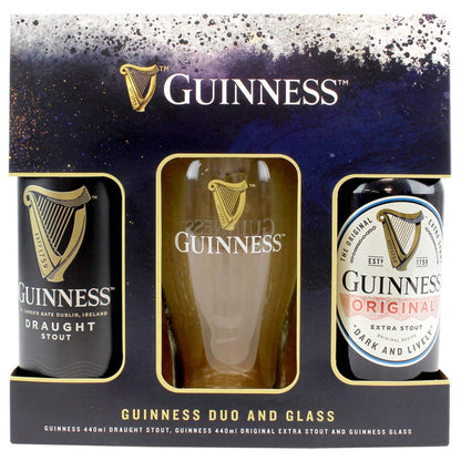 Irish stout gift set featuring Guinness pint glass and two cans