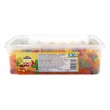 Bulk tub of Candy Realms fruit-flavoured gummy bones sweets