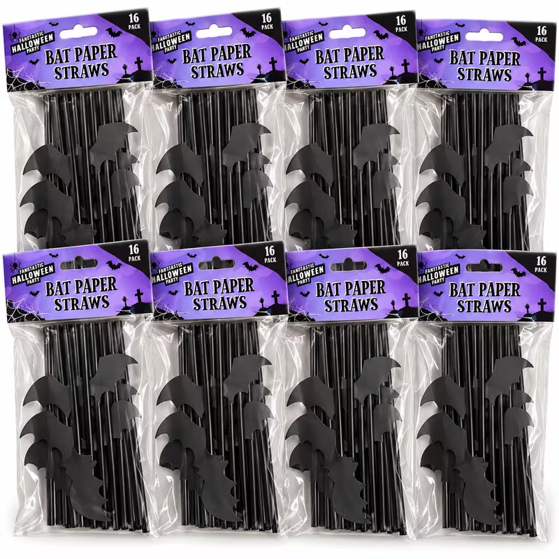 Black Halloween Bat Paper Straws 8 packs of 16
