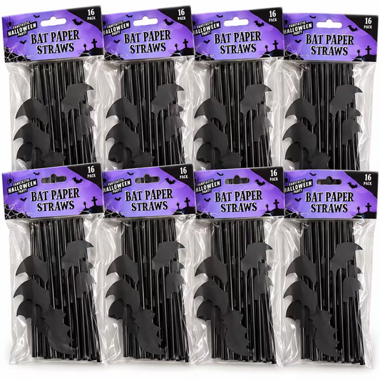 Black Halloween Bat Paper Straws 8 packs of 16
