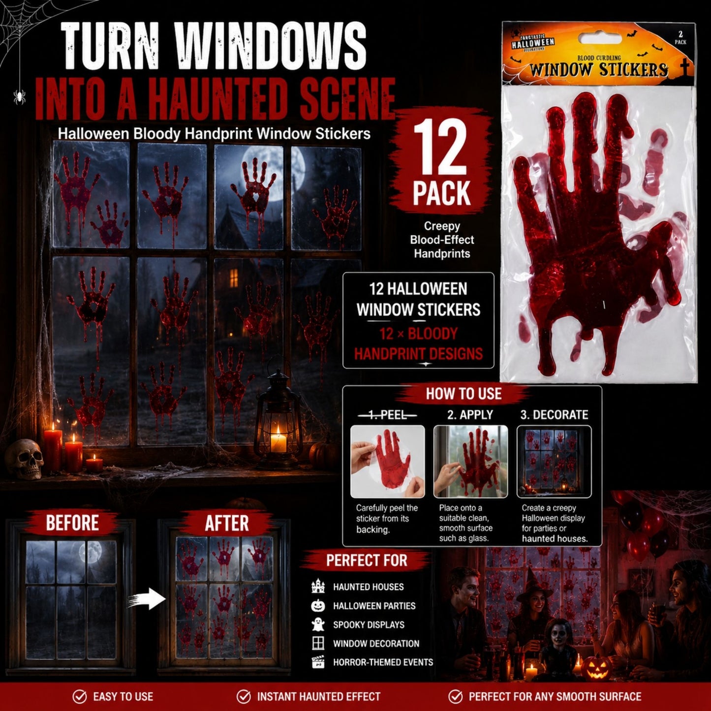 Red bloody handprint Halloween window decorations