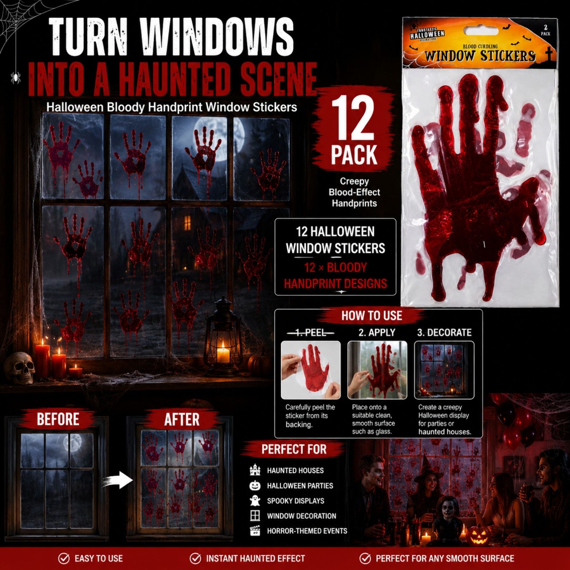 Red bloody handprint Halloween window decorations