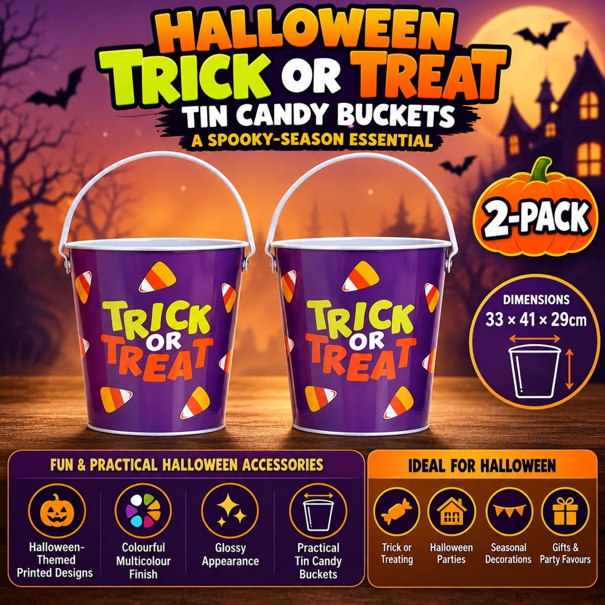 Two Halloween candy buckets with colourful printed designs