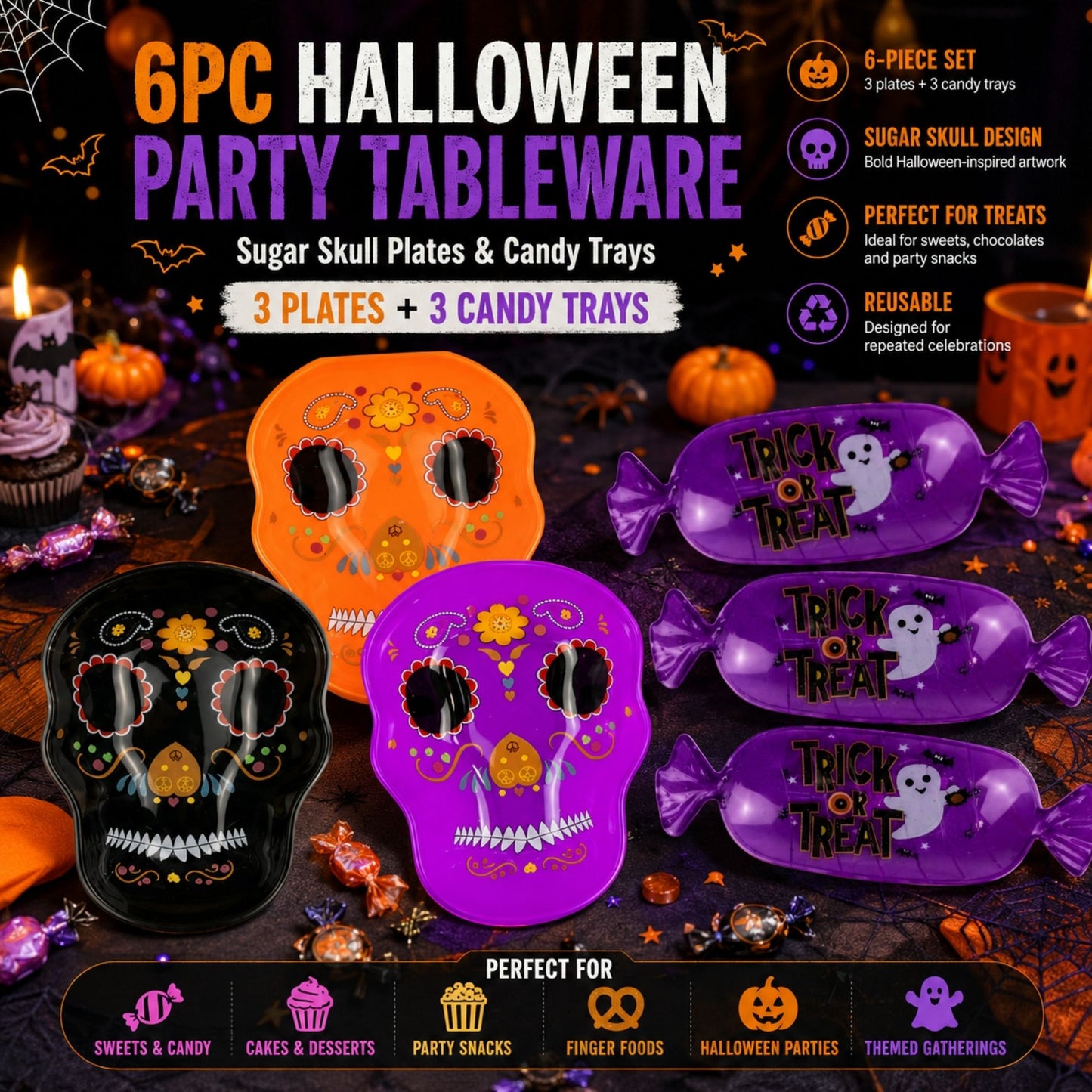 Halloween tableware set with sugar skull designs