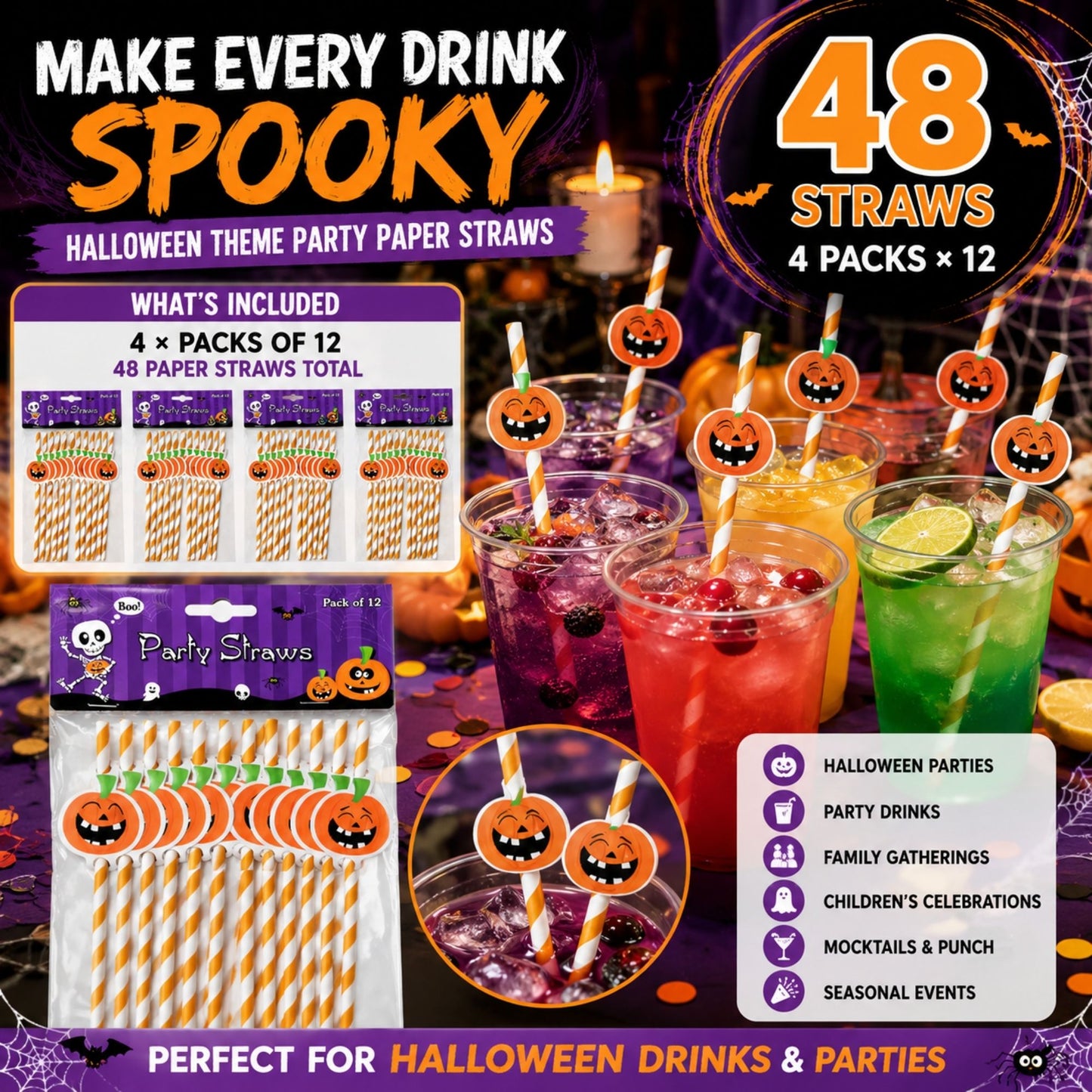 48 Halloween paper straws for party drinks