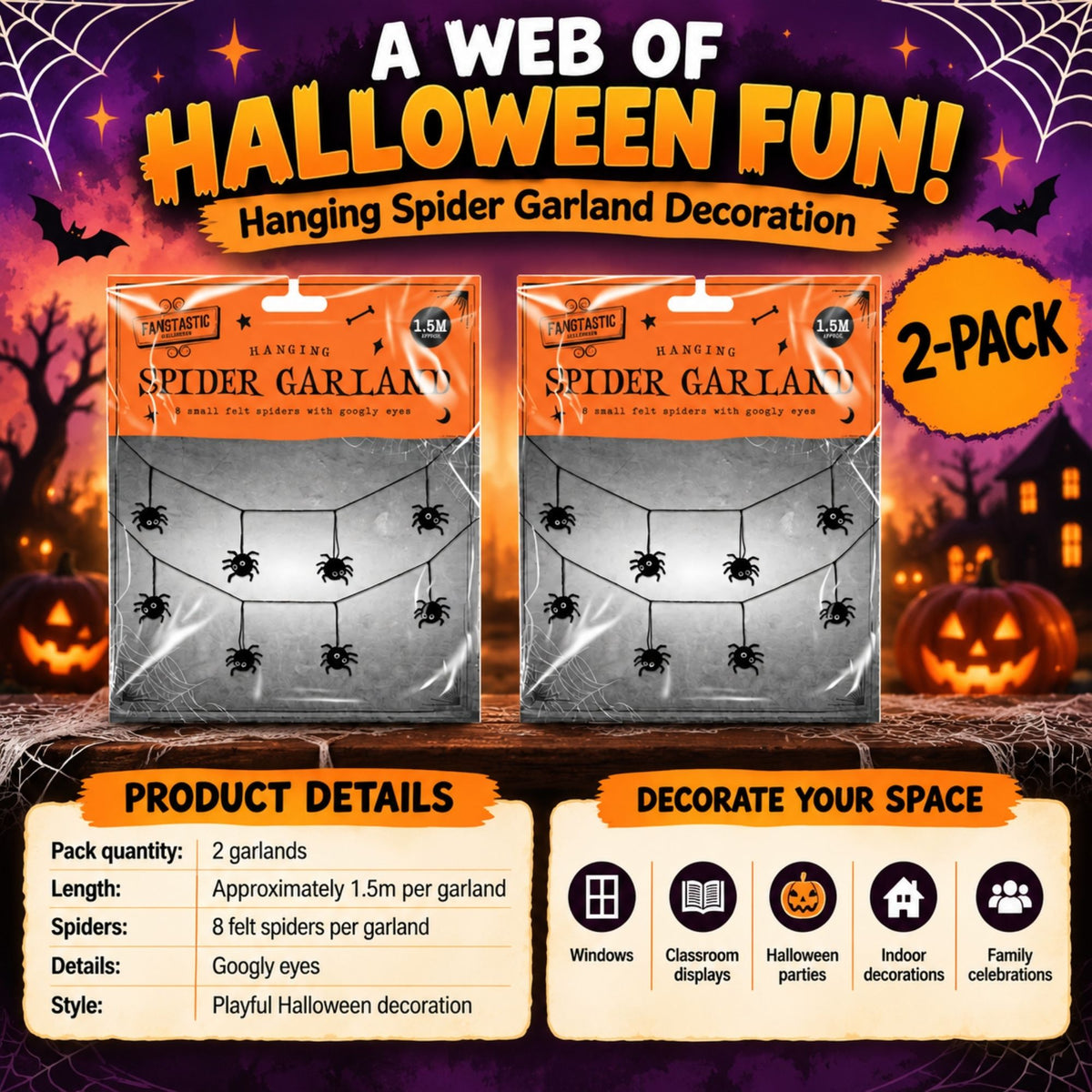 Hanging Spider Garland Halloween Decoration 1.5m 2 Pack