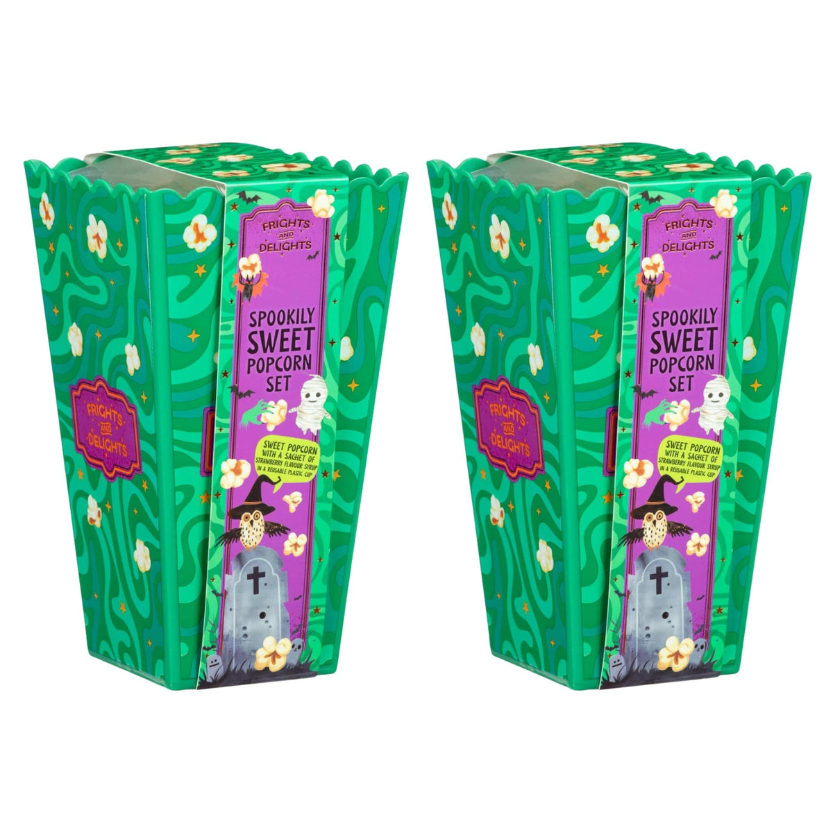 Halloween sweet popcorn and strawberry syrup snack set