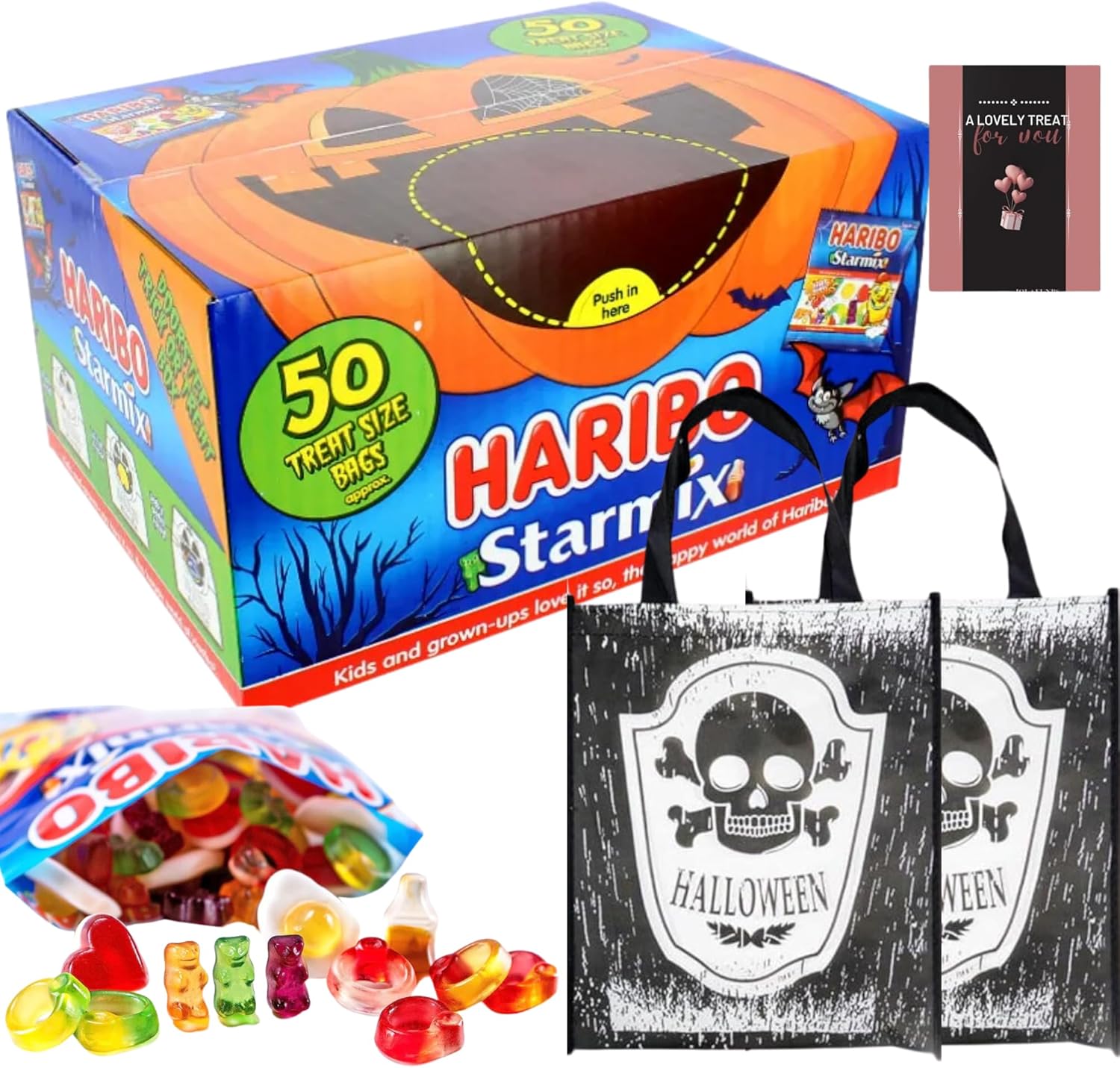 Halloween Sweets Party Box with Haribo Starmix and Skull Trick or Treat Bags for kids