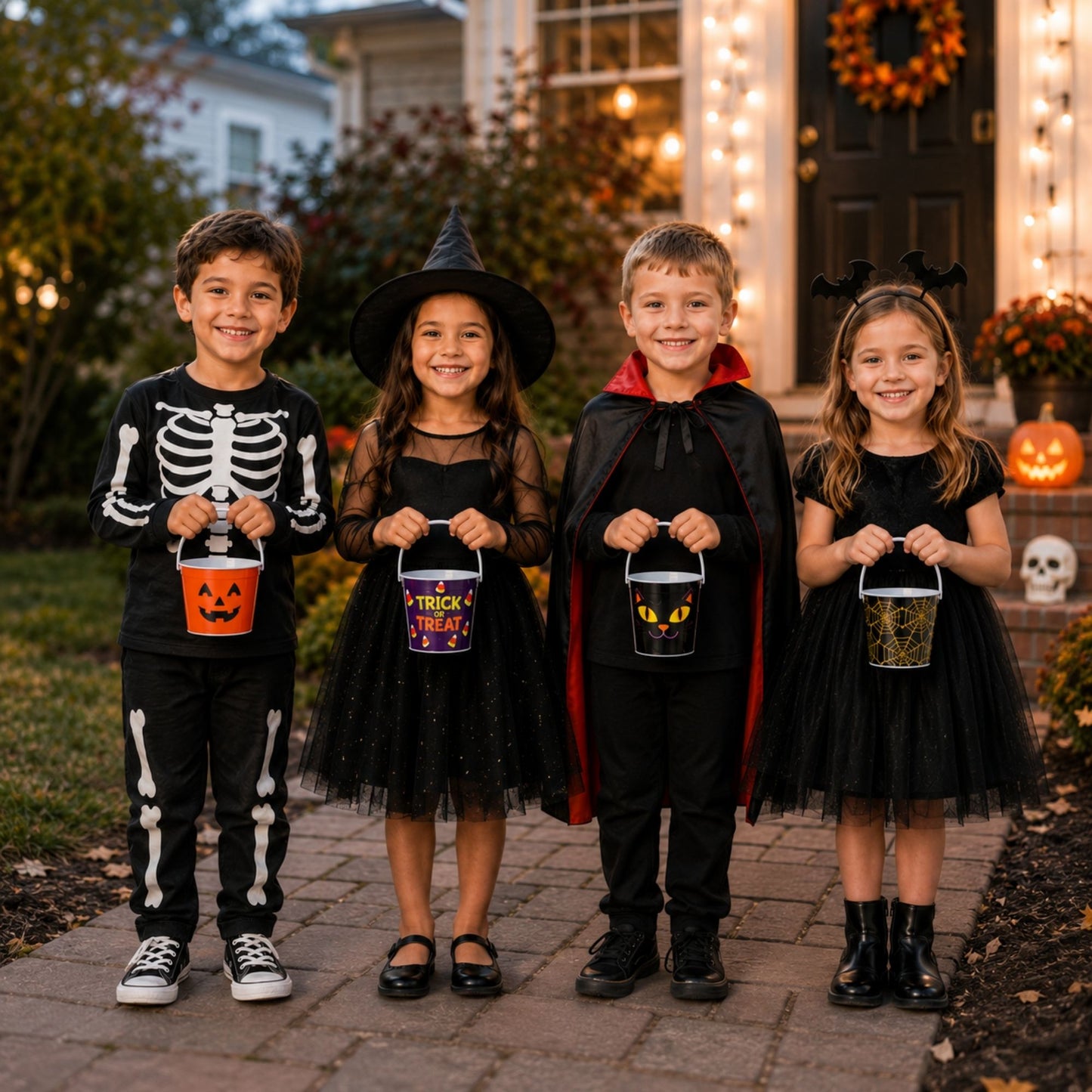 Four assorted Halloween tin candy buckets