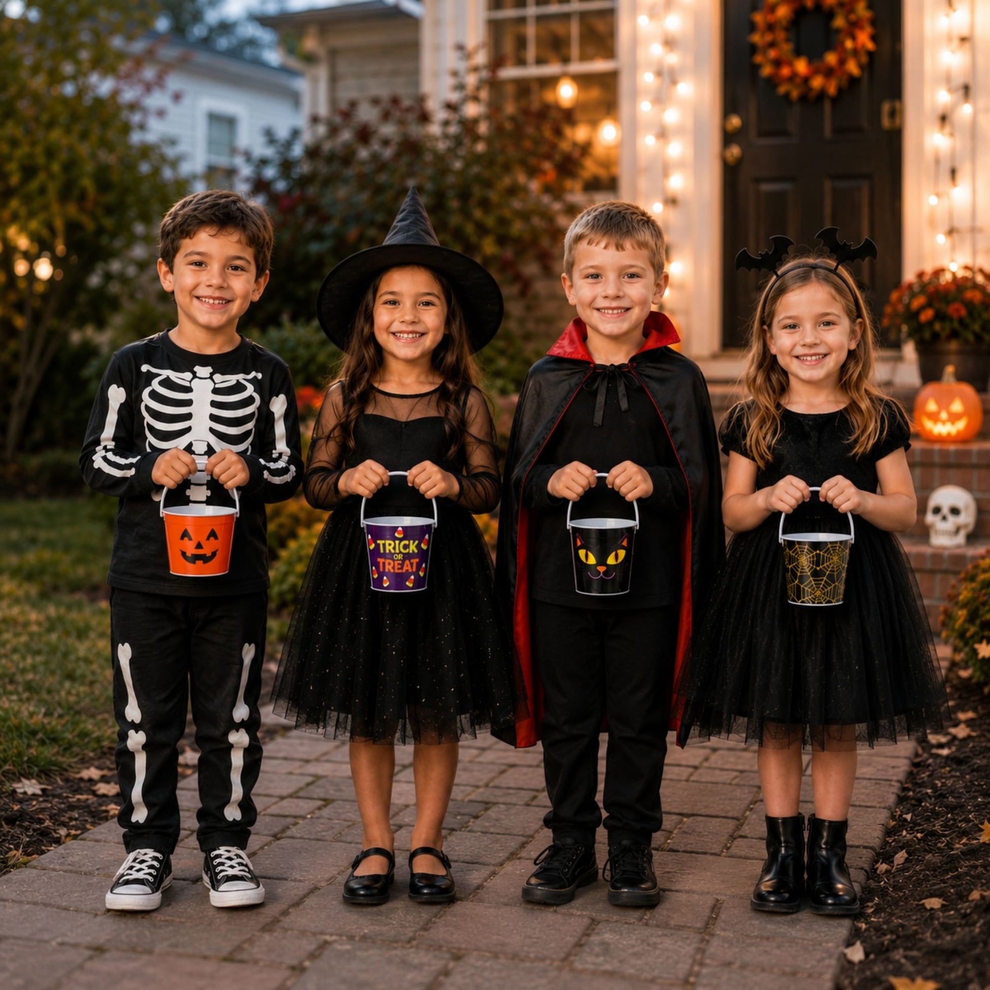 Four assorted Halloween tin candy buckets