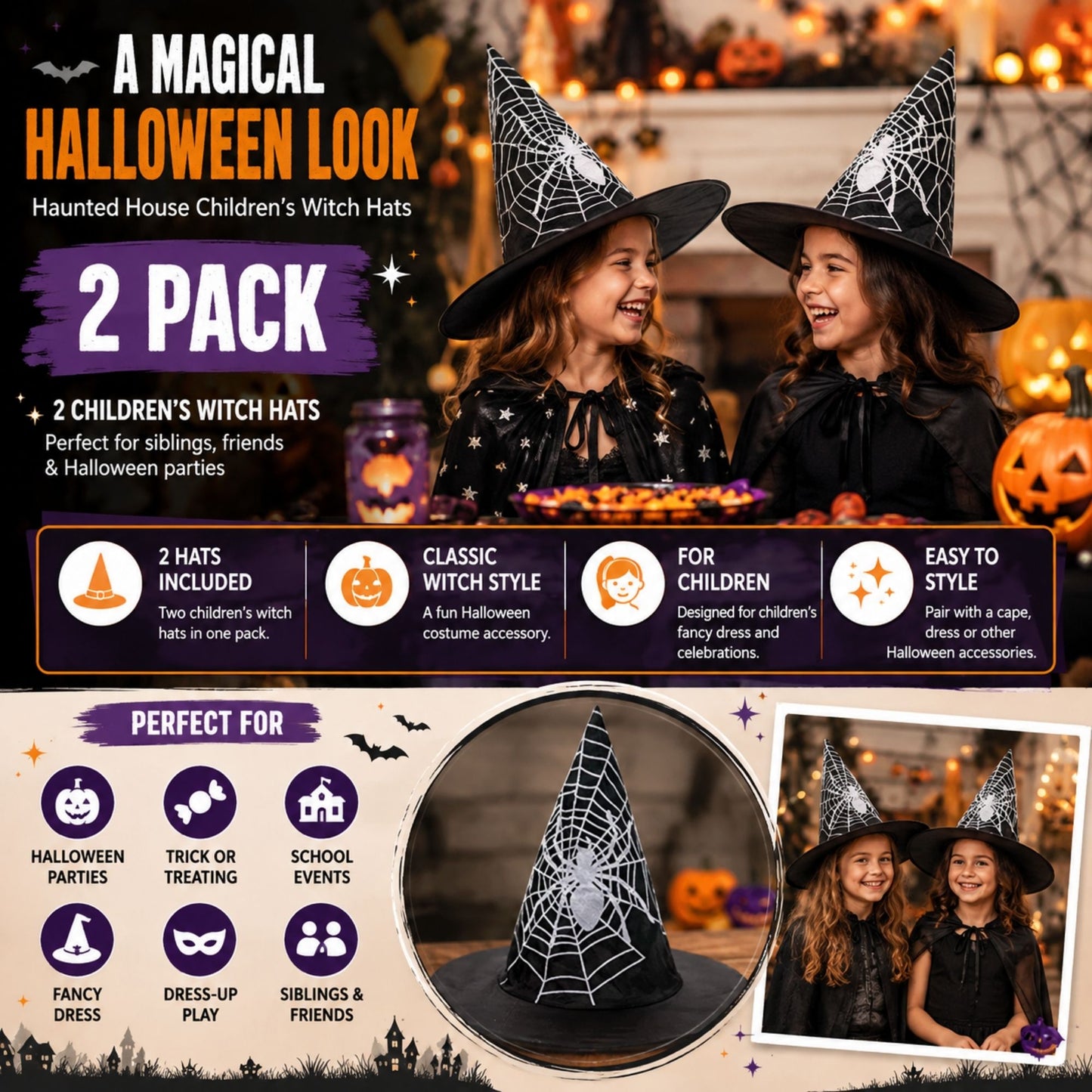 Two pack children's Halloween witch hats
