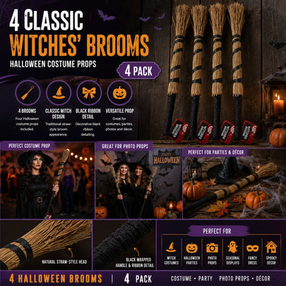 Four straw style witches brooms for Halloween