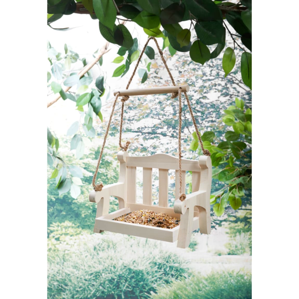 Swing bench style bird feeder for wild bird feeding