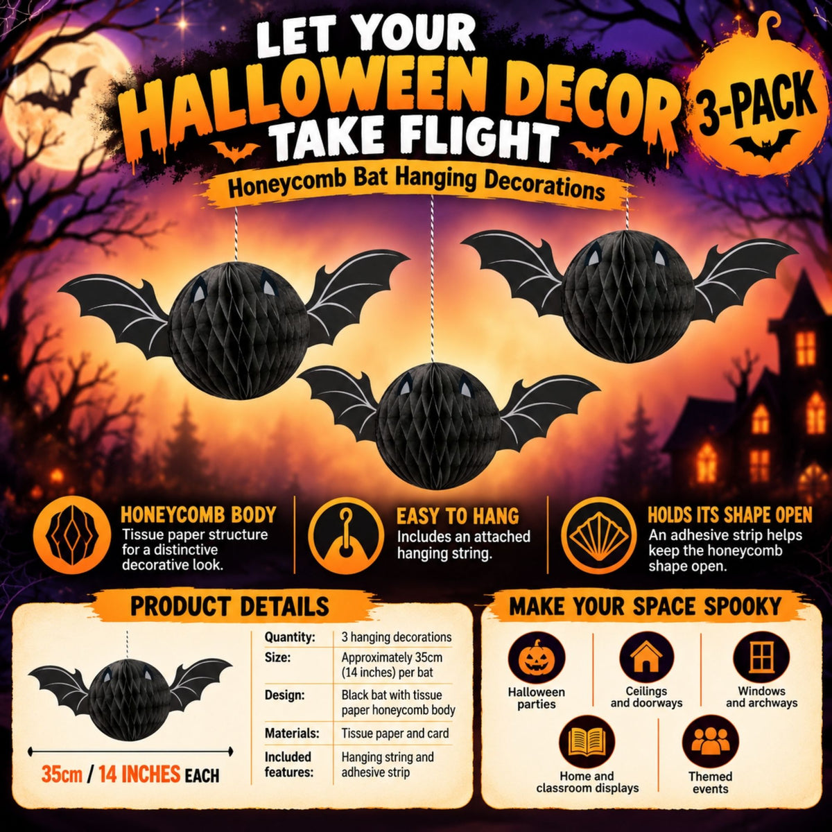 Black hanging bats with tissue paper honeycomb bodies