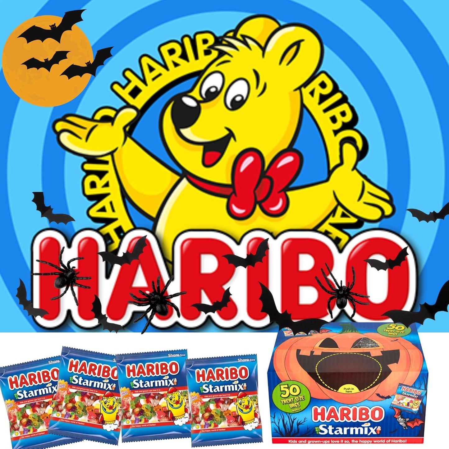  50 packs of Haribo Starmix (800g) in Halloween-themed gift box for parties and trick-or-treaters