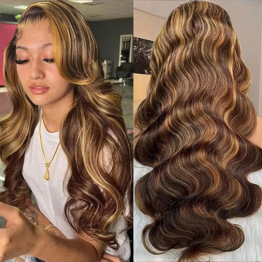 P4/27 honey blonde highlight body wave lace frontal wig 200 density