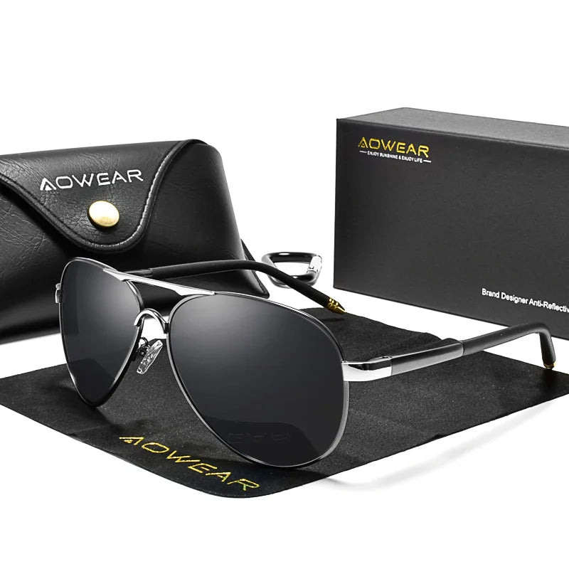 Aowear aviation sunglasses model wearing outdoor lifestyle photo