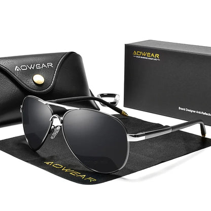 Aowear aviation sunglasses model wearing outdoor lifestyle photo