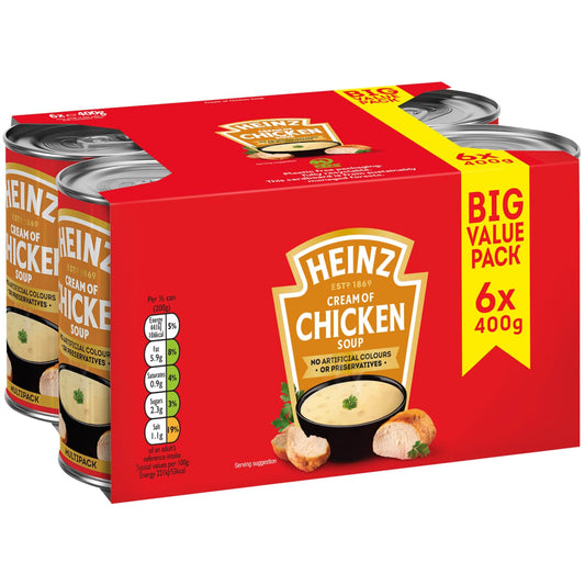 Heinz Chicken Soup Big Value Pack 6x400g tins with cream of chicken soup packaging.