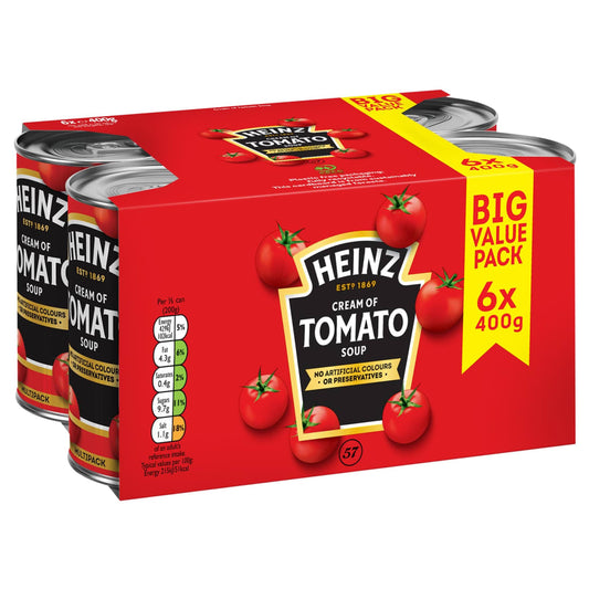 Heinz Tomato Soup Big Value Pack 6x400g tins with red tomato soup packaging.