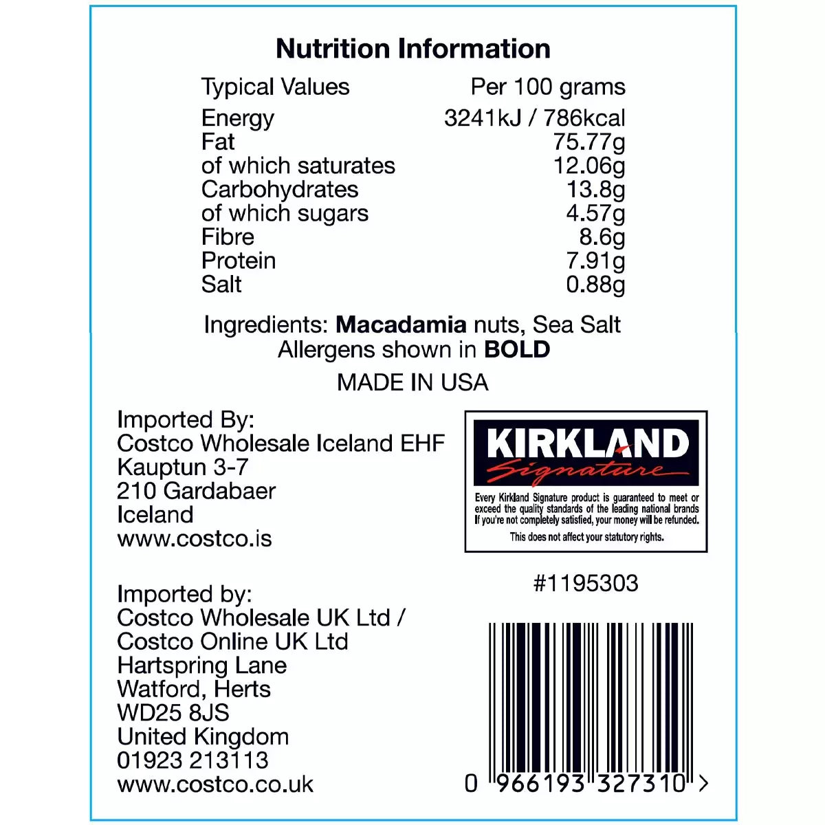 Kirkland roasted macadamia nuts, premium quality and taste